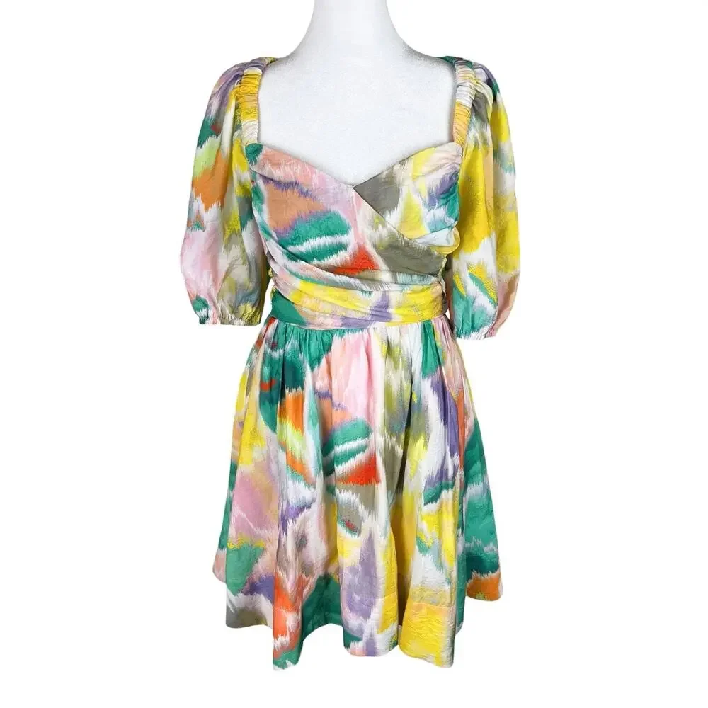 Anthropologie Swingy Rainbow Tie Dye Puff Sleeve Smocked Flirty Mini Dress Sz XS - Picture 3 of 9